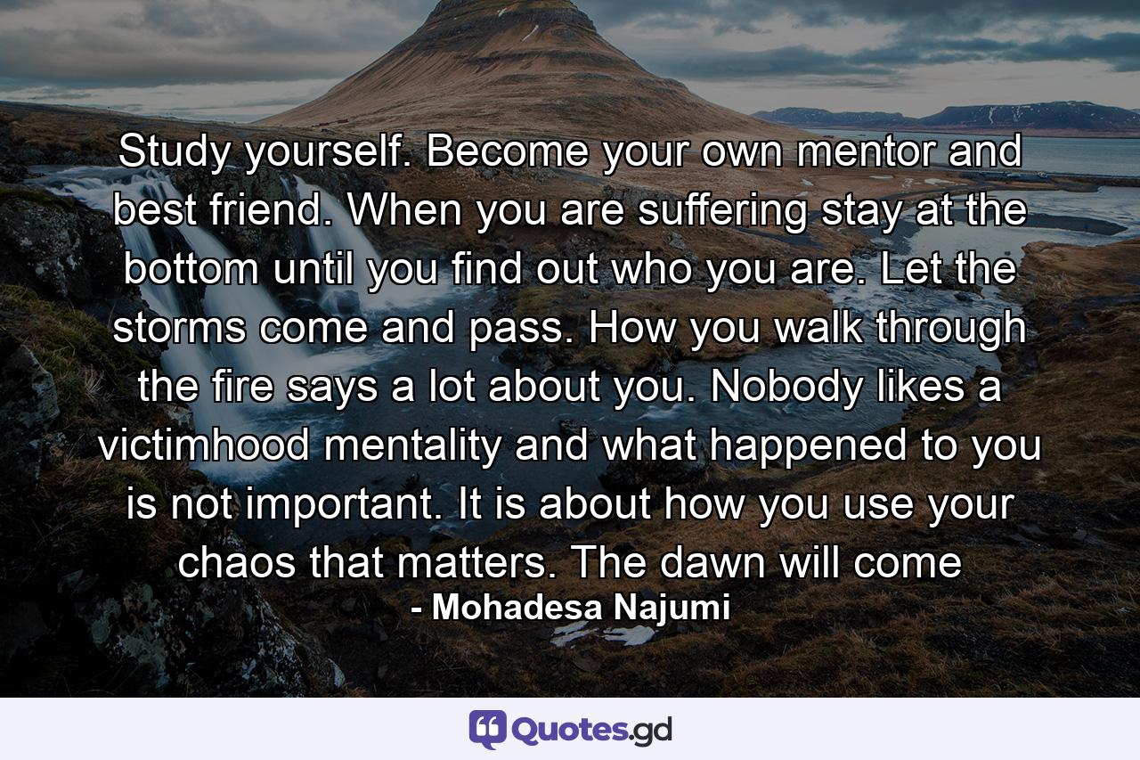 Study yourself. Become your own mentor and best friend. When you are suffering stay at the bottom until you find out who you are. Let the storms come and pass. How you walk through the fire says a lot about you. Nobody likes a victimhood mentality and what happened to you is not important. It is about how you use your chaos that matters. The dawn will come - Quote by Mohadesa Najumi