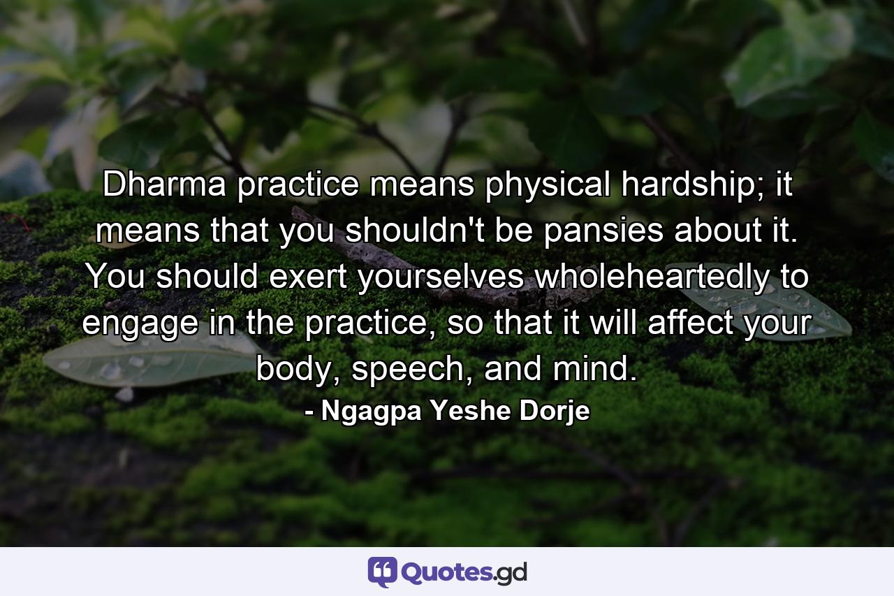 Dharma practice means physical hardship; it means that you shouldn't be pansies about it. You should exert yourselves wholeheartedly to engage in the practice, so that it will affect your body, speech, and mind. - Quote by Ngagpa Yeshe Dorje