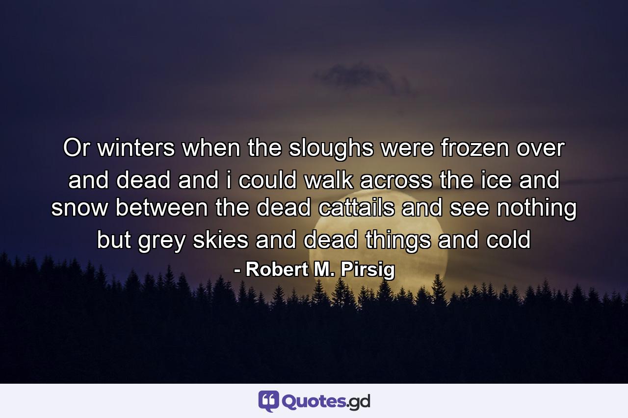 Or winters when the sloughs were frozen over and dead and i could walk across the ice and snow between the dead cattails and see nothing but grey skies and dead things and cold - Quote by Robert M. Pirsig