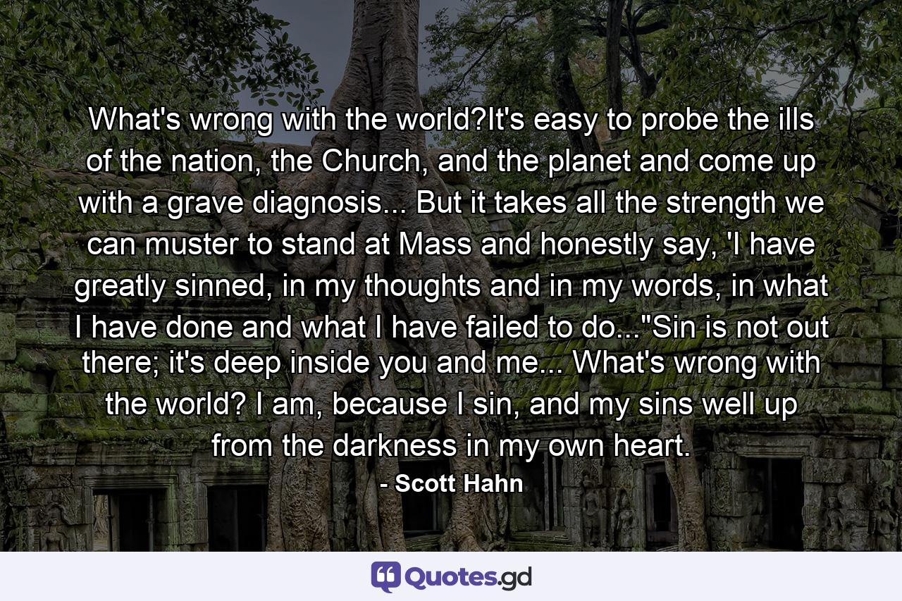 What's wrong with the world?It's easy to probe the ills of the nation, the Church, and the planet and come up with a grave diagnosis... But it takes all the strength we can muster to stand at Mass and honestly say, 'I have greatly sinned, in my thoughts and in my words, in what I have done and what I have failed to do...