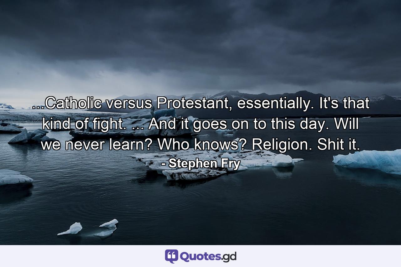 ...Catholic versus Protestant, essentially. It's that kind of fight. ... And it goes on to this day. Will we never learn? Who knows? Religion. Shit it. - Quote by Stephen Fry