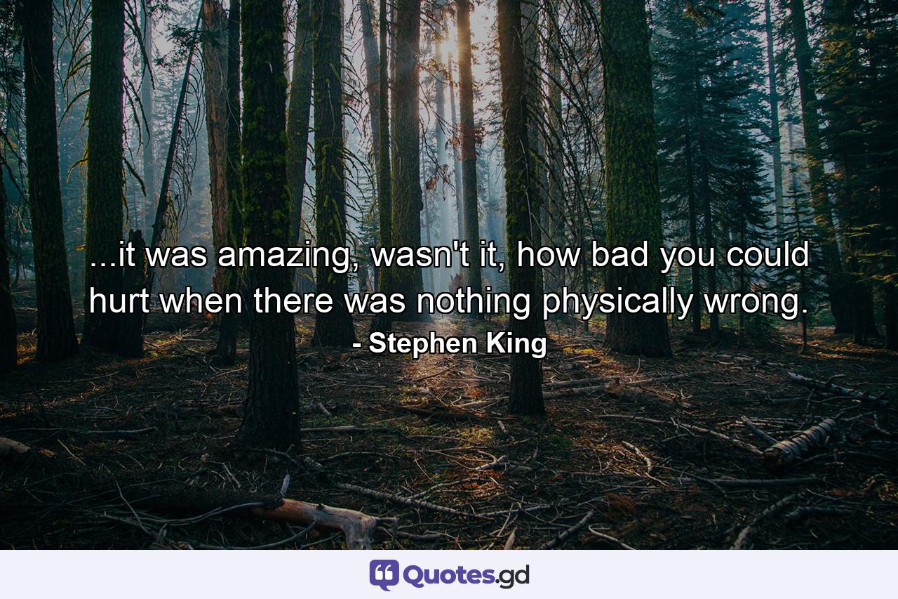 ...it was amazing, wasn't it, how bad you could hurt when there was nothing physically wrong. - Quote by Stephen King