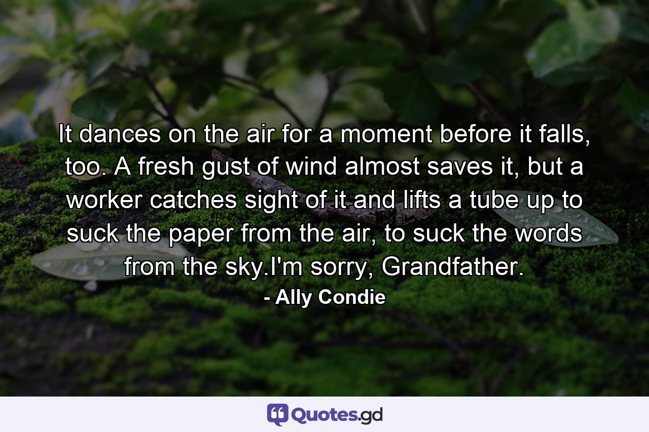 It dances on the air for a moment before it falls, too. A fresh gust of wind almost saves it, but a worker catches sight of it and lifts a tube up to suck the paper from the air, to suck the words from the sky.I'm sorry, Grandfather. - Quote by Ally Condie