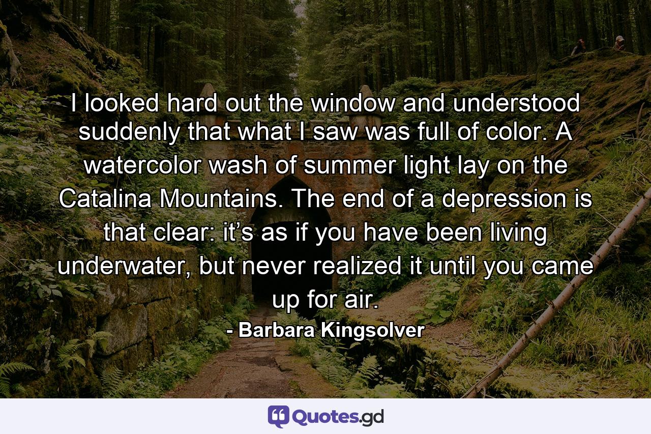 I looked hard out the window and understood suddenly that what I saw was full of color. A watercolor wash of summer light lay on the Catalina Mountains. The end of a depression is that clear: it’s as if you have been living underwater, but never realized it until you came up for air. - Quote by Barbara Kingsolver