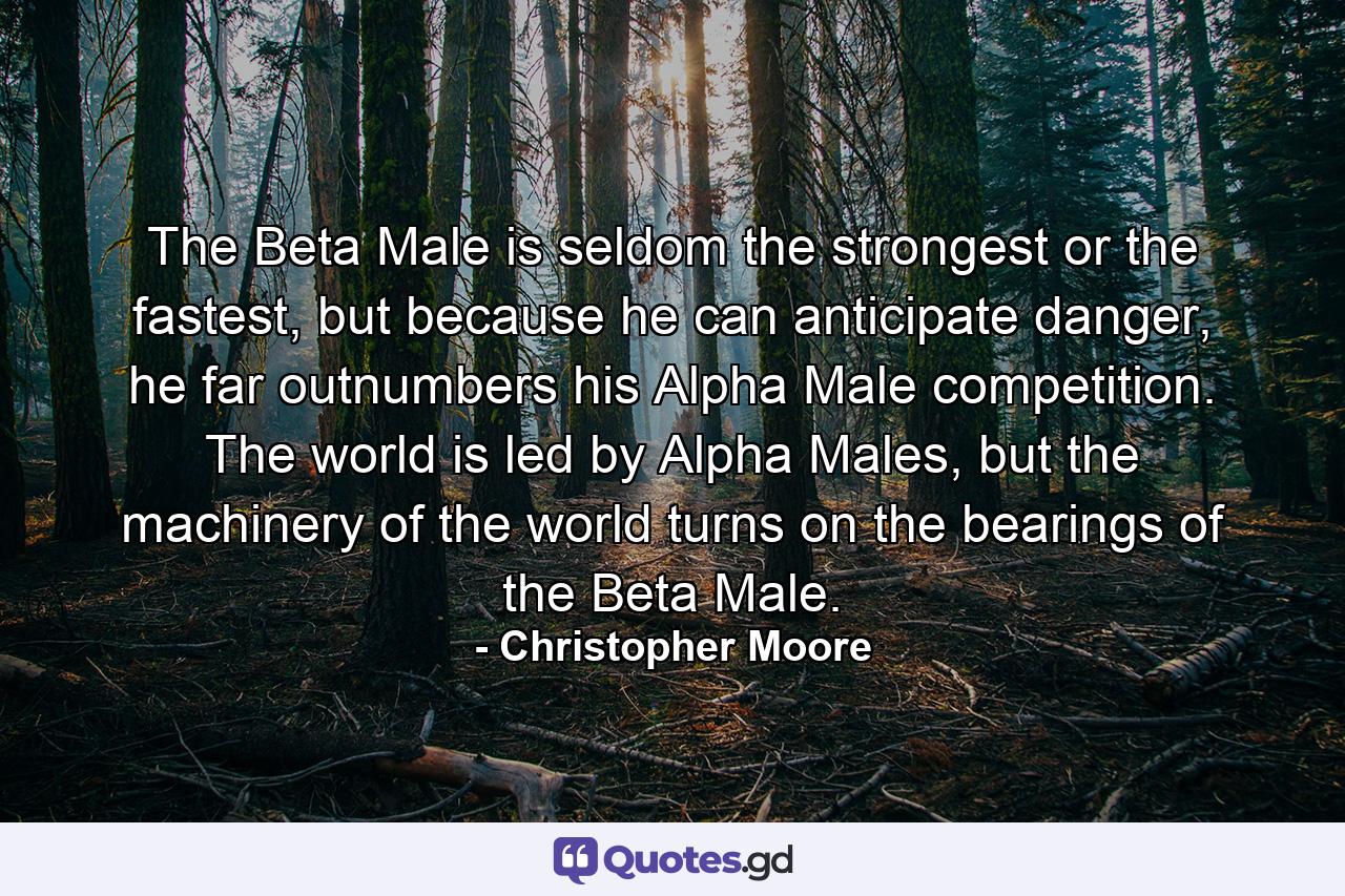 The Beta Male is seldom the strongest or the fastest, but because he can anticipate danger, he far outnumbers his Alpha Male competition. The world is led by Alpha Males, but the machinery of the world turns on the bearings of the Beta Male. - Quote by Christopher Moore