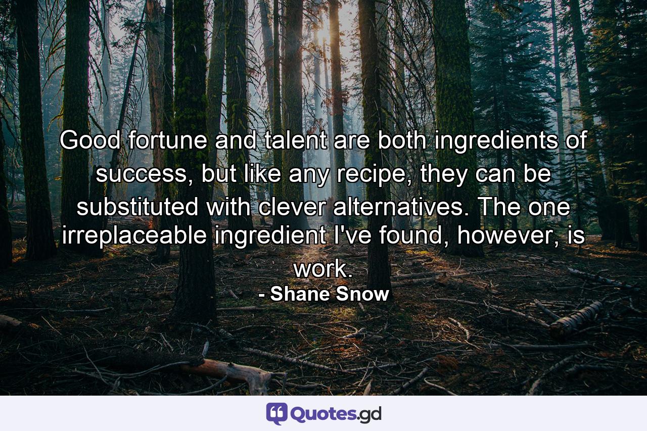 Good fortune and talent are both ingredients of success, but like any recipe, they can be substituted with clever alternatives. The one irreplaceable ingredient I've found, however, is work. - Quote by Shane Snow