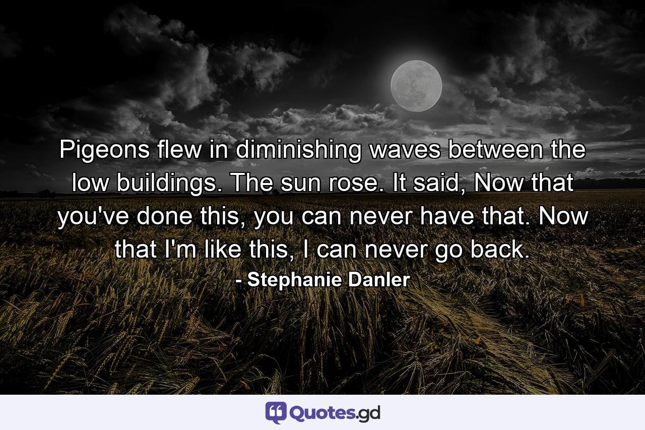 Pigeons flew in diminishing waves between the low buildings. The sun rose. It said, Now that you've done this, you can never have that. Now that I'm like this, I can never go back. - Quote by Stephanie Danler