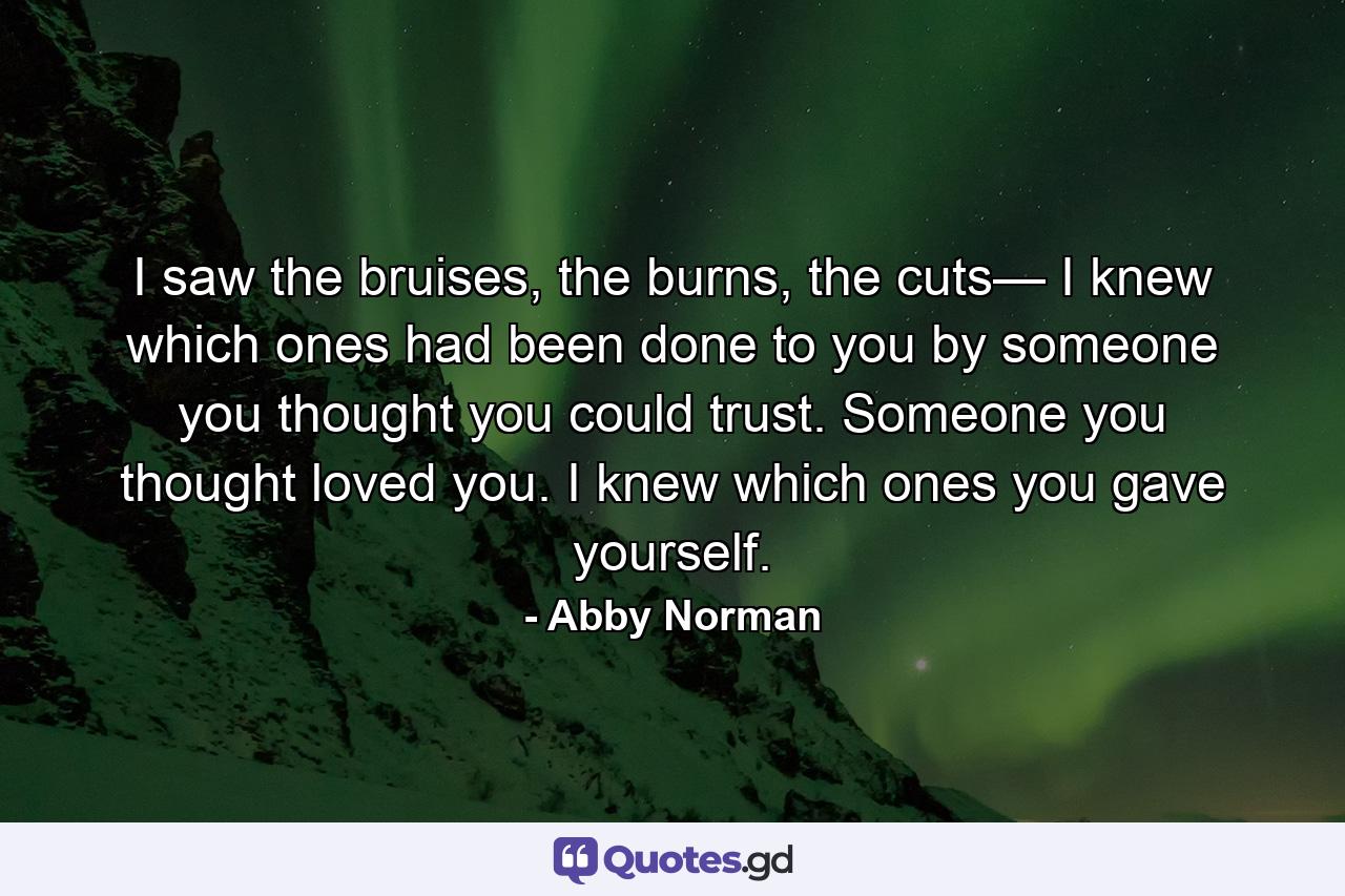 I saw the bruises, the burns, the cuts— I knew which ones had been done to you by someone you thought you could trust. Someone you thought loved you. I knew which ones you gave yourself. - Quote by Abby Norman