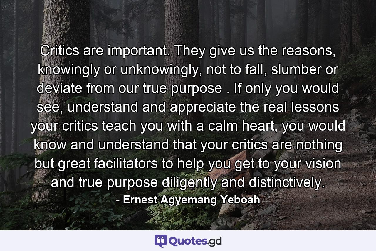 Critics are important. They give us the reasons, knowingly or unknowingly, not to fall, slumber or deviate from our true purpose . If only you would see, understand and appreciate the real lessons your critics teach you with a calm heart, you would know and understand that your critics are nothing but great facilitators to help you get to your vision and true purpose diligently and distinctively. - Quote by Ernest Agyemang Yeboah