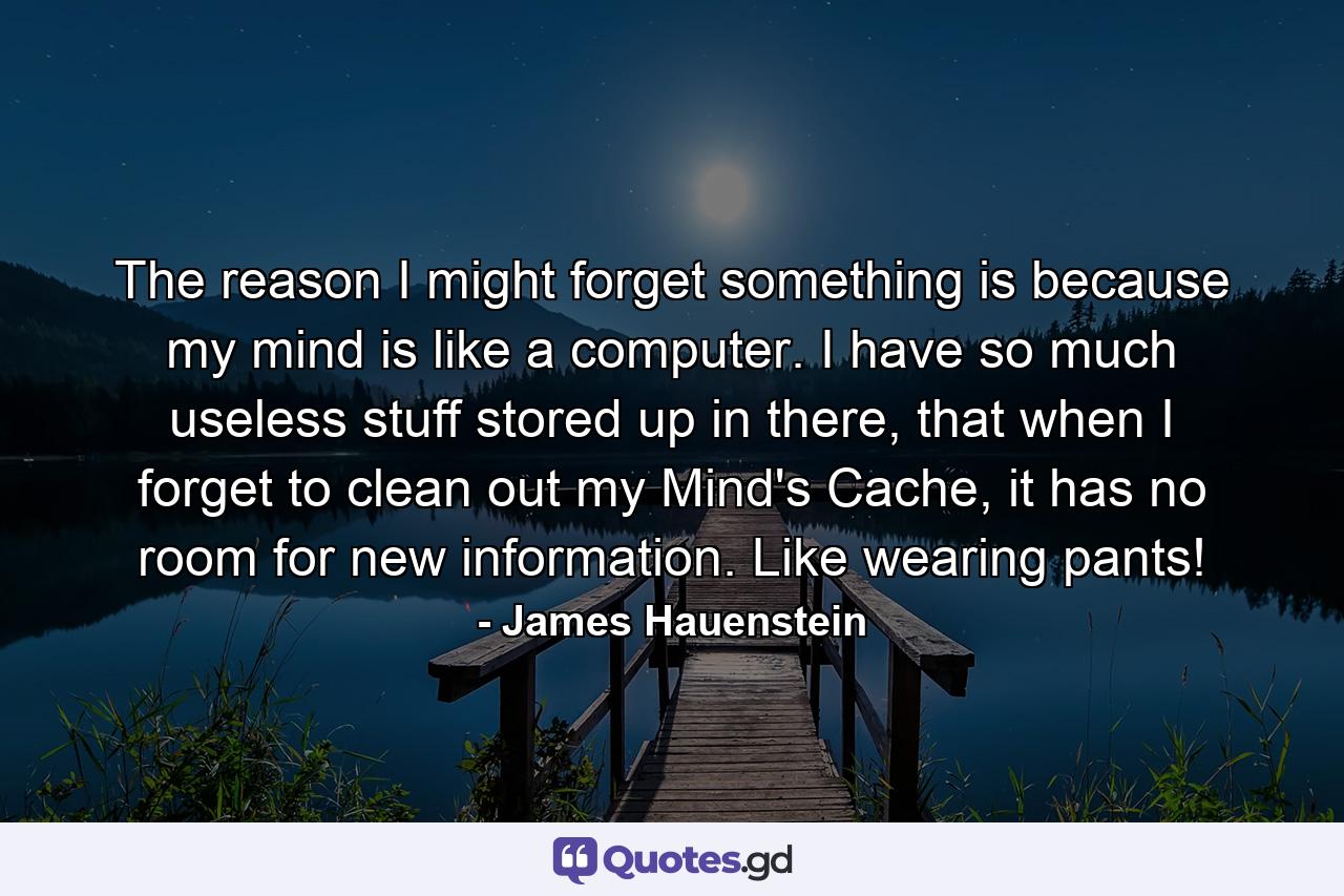 The reason I might forget something is because my mind is like a computer. I have so much useless stuff stored up in there, that when I forget to clean out my Mind's Cache, it has no room for new information. Like wearing pants! - Quote by James Hauenstein