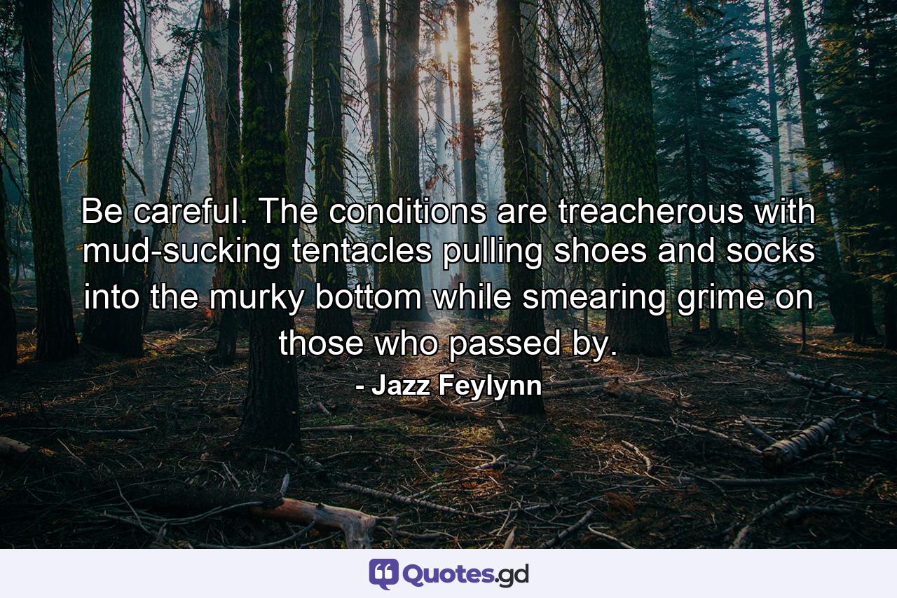 Be careful. The conditions are treacherous with mud-sucking tentacles pulling shoes and socks into the murky bottom while smearing grime on those who passed by. - Quote by Jazz Feylynn