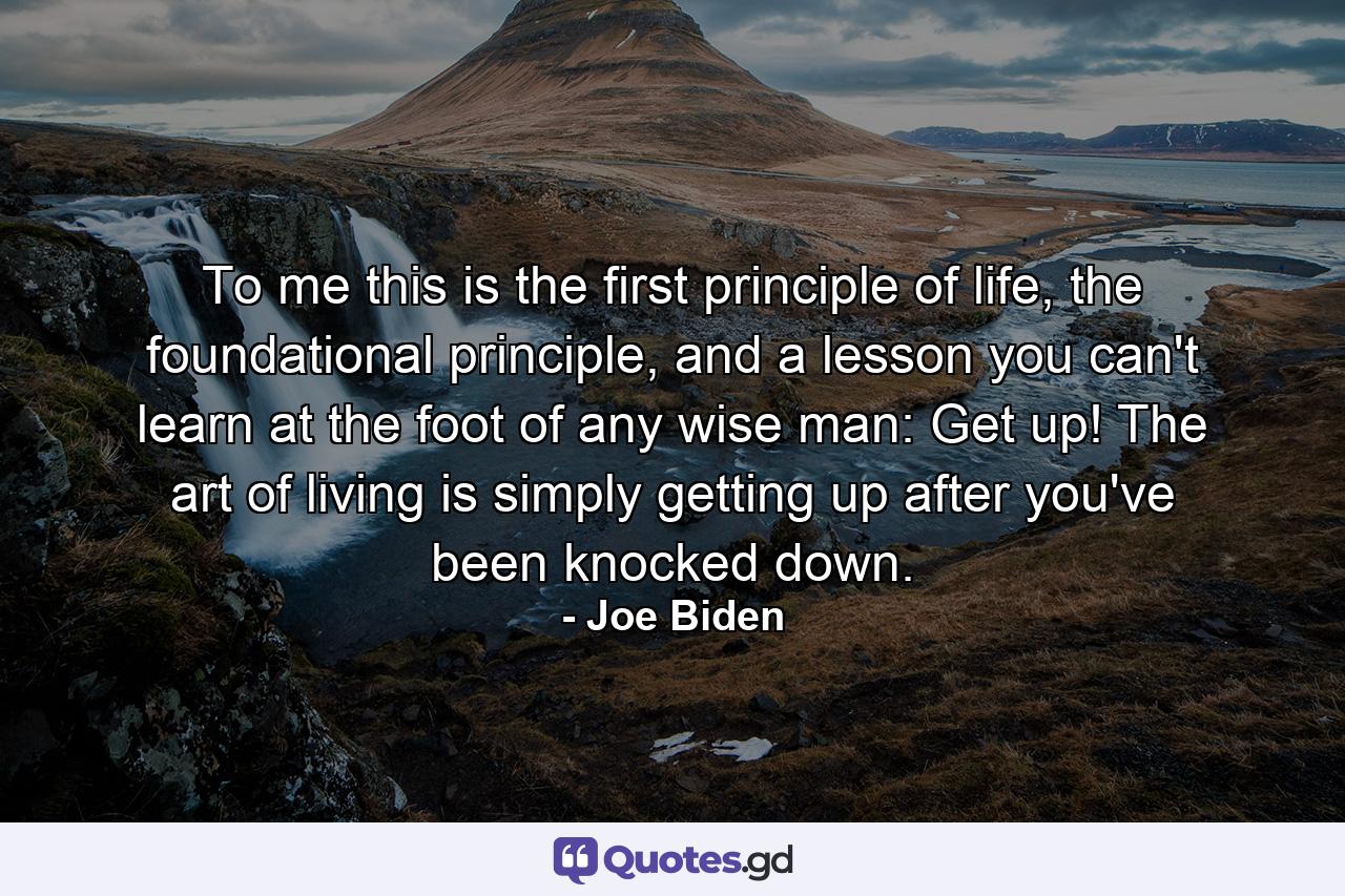 To me this is the first principle of life, the foundational principle, and a lesson you can't learn at the foot of any wise man: Get up! The art of living is simply getting up after you've been knocked down. - Quote by Joe Biden