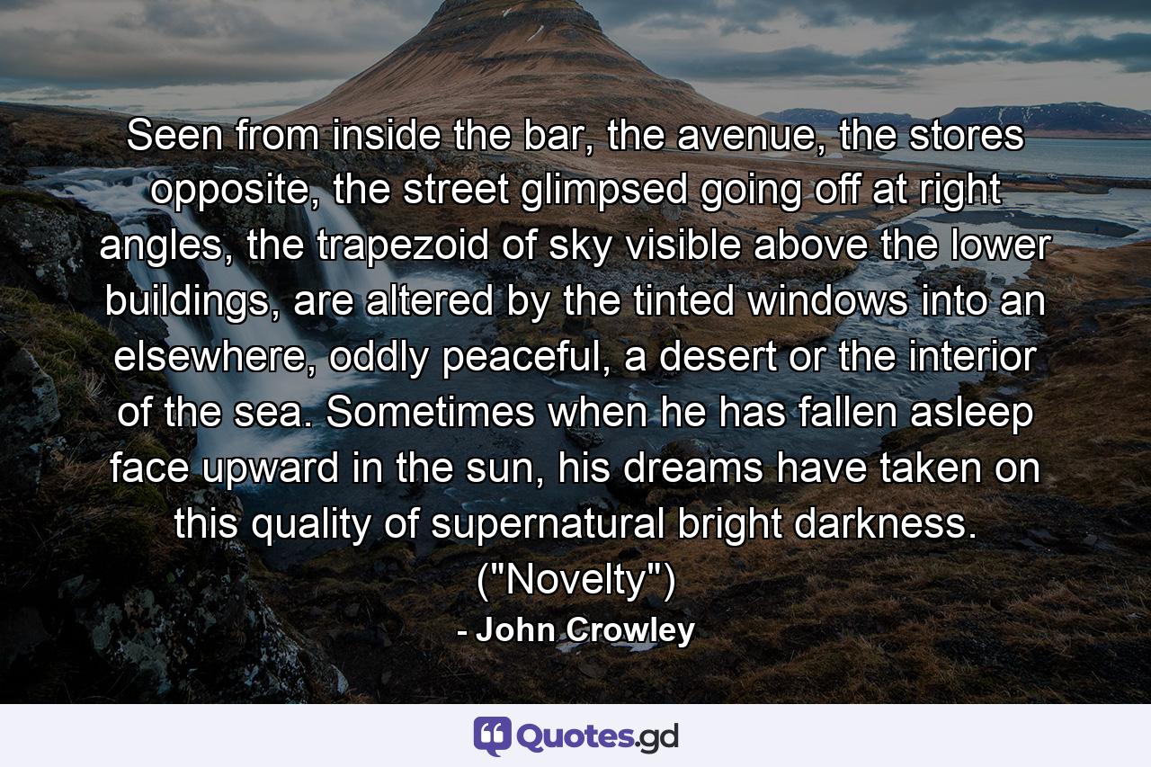 Seen from inside the bar, the avenue, the stores opposite, the street glimpsed going off at right angles, the trapezoid of sky visible above the lower buildings, are altered by the tinted windows into an elsewhere, oddly peaceful, a desert or the interior of the sea. Sometimes when he has fallen asleep face upward in the sun, his dreams have taken on this quality of supernatural bright darkness. (