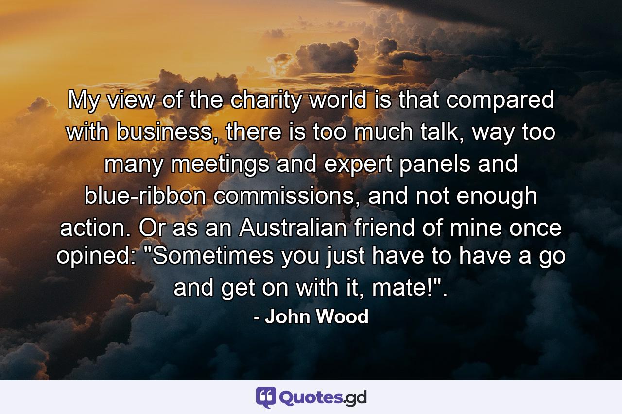 My view of the charity world is that compared with business, there is too much talk, way too many meetings and expert panels and blue-ribbon commissions, and not enough action. Or as an Australian friend of mine once opined: 