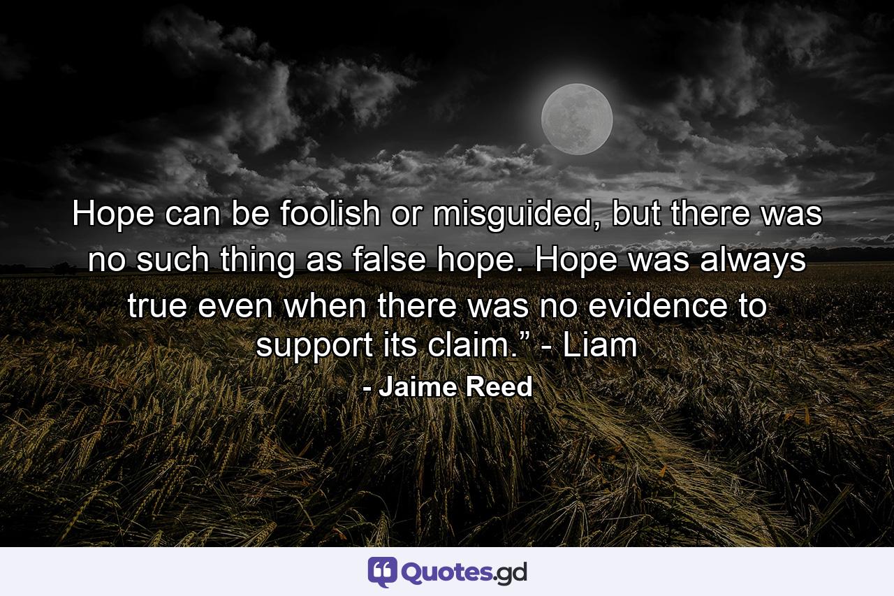 Hope can be foolish or misguided, but there was no such thing as false hope. Hope was always true even when there was no evidence to support its claim.” - Liam - Quote by Jaime Reed