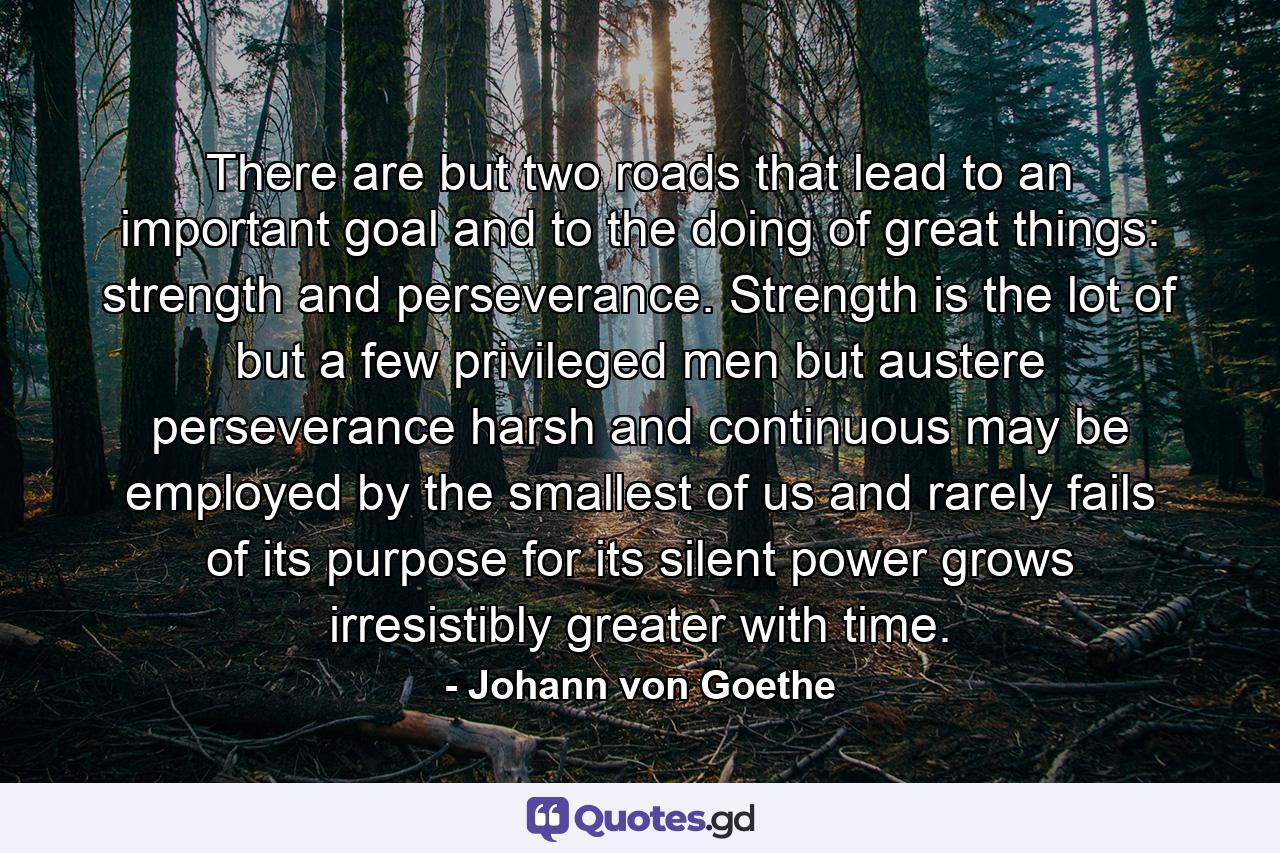 There are but two roads that lead to an important goal and to the doing of great things: strength and perseverance. Strength is the lot of but a few privileged men  but austere perseverance  harsh and continuous  may be employed by the smallest of us and rarely fails of its purpose  for its silent power grows irresistibly greater with time. - Quote by Johann von Goethe