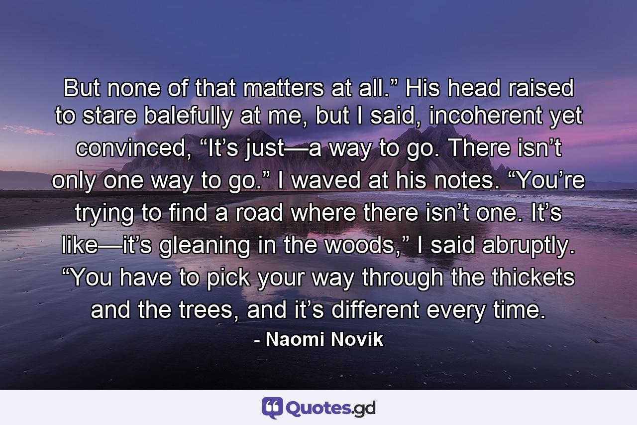 But none of that matters at all.” His head raised to stare balefully at me, but I said, incoherent yet convinced, “It’s just—a way to go. There isn’t only one way to go.” I waved at his notes. “You’re trying to find a road where there isn’t one. It’s like—it’s gleaning in the woods,” I said abruptly. “You have to pick your way through the thickets and the trees, and it’s different every time. - Quote by Naomi Novik