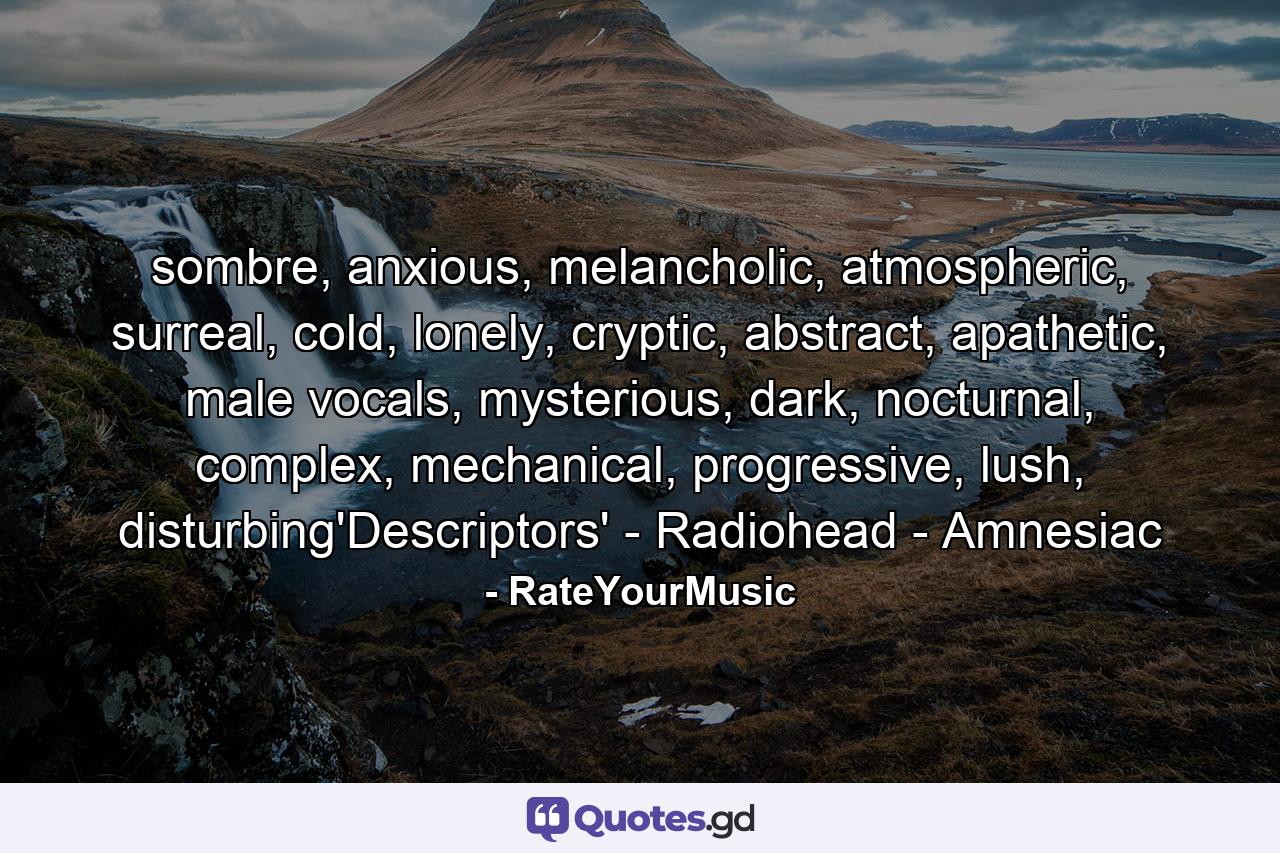 sombre, anxious, melancholic, atmospheric, surreal, cold, lonely, cryptic, abstract, apathetic, male vocals, mysterious, dark, nocturnal, complex, mechanical, progressive, lush, disturbing'Descriptors' - Radiohead - Amnesiac - Quote by RateYourMusic