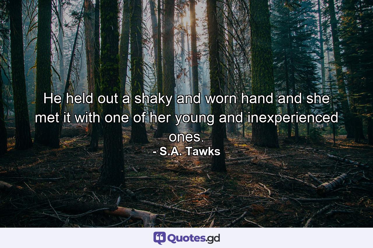 He held out a shaky and worn hand and she met it with one of her young and inexperienced ones. - Quote by S.A. Tawks