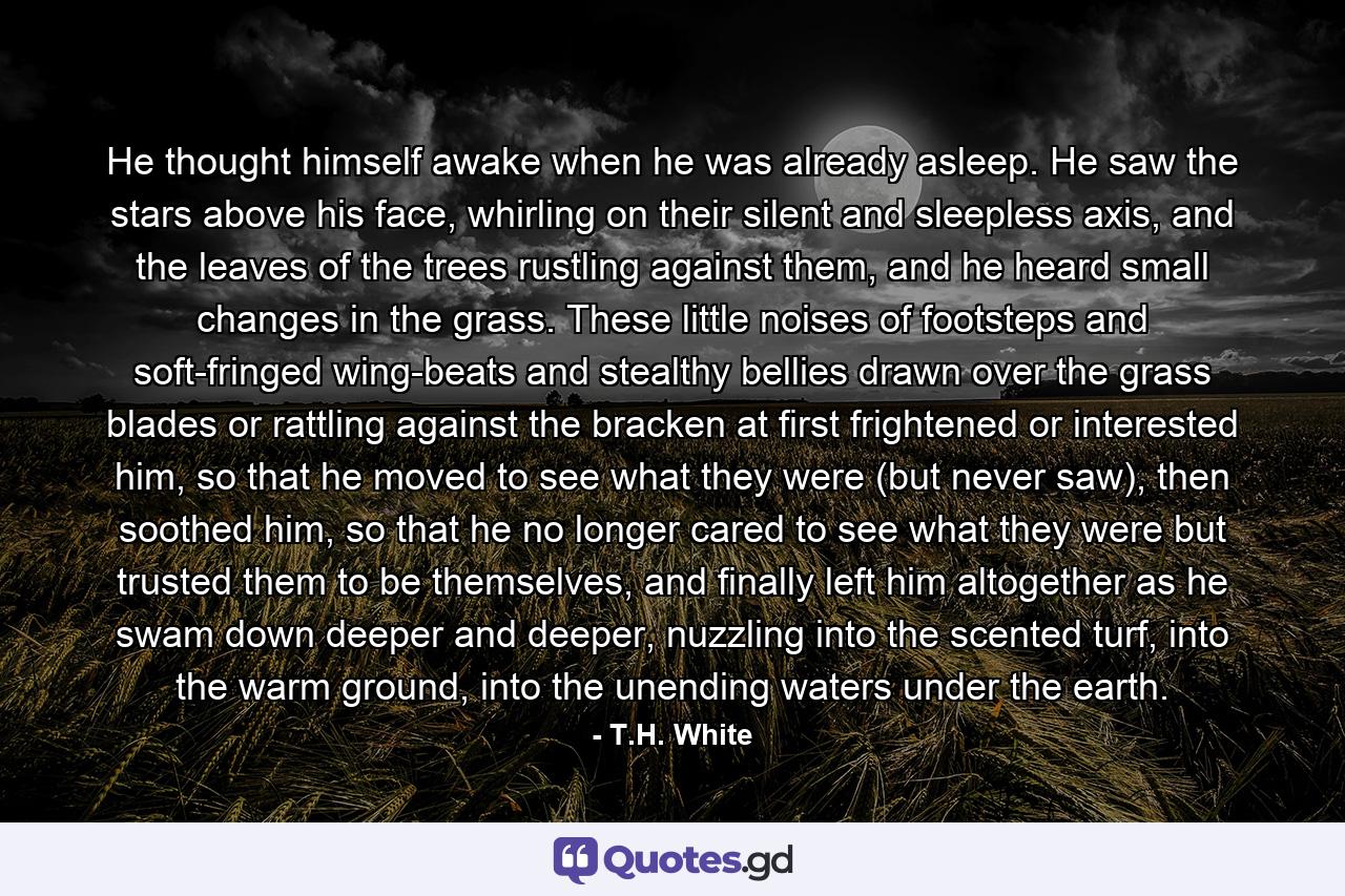 He thought himself awake when he was already asleep. He saw the stars above his face, whirling on their silent and sleepless axis, and the leaves of the trees rustling against them, and he heard small changes in the grass. These little noises of footsteps and soft-fringed wing-beats and stealthy bellies drawn over the grass blades or rattling against the bracken at first frightened or interested him, so that he moved to see what they were (but never saw), then soothed him, so that he no longer cared to see what they were but trusted them to be themselves, and finally left him altogether as he swam down deeper and deeper, nuzzling into the scented turf, into the warm ground, into the unending waters under the earth. - Quote by T.H. White