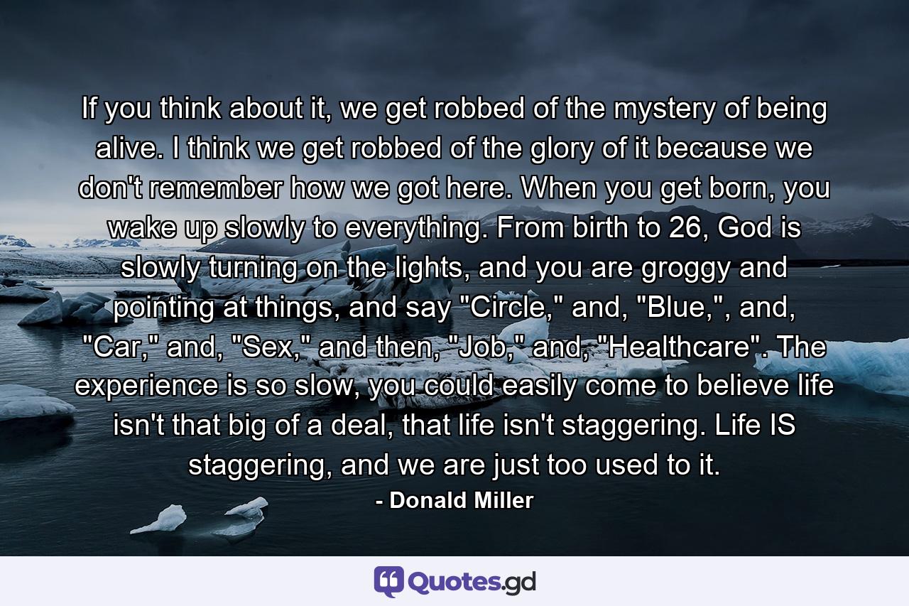 If you think about it, we get robbed of the mystery of being alive. I think we get robbed of the glory of it because we don't remember how we got here. When you get born, you wake up slowly to everything. From birth to 26, God is slowly turning on the lights, and you are groggy and pointing at things, and say 
