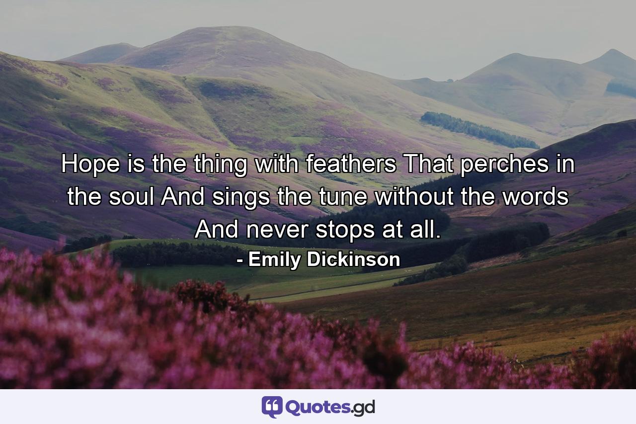 Hope is the thing with feathers That perches in the soul  And sings the tune without the words  And never stops at all. - Quote by Emily Dickinson