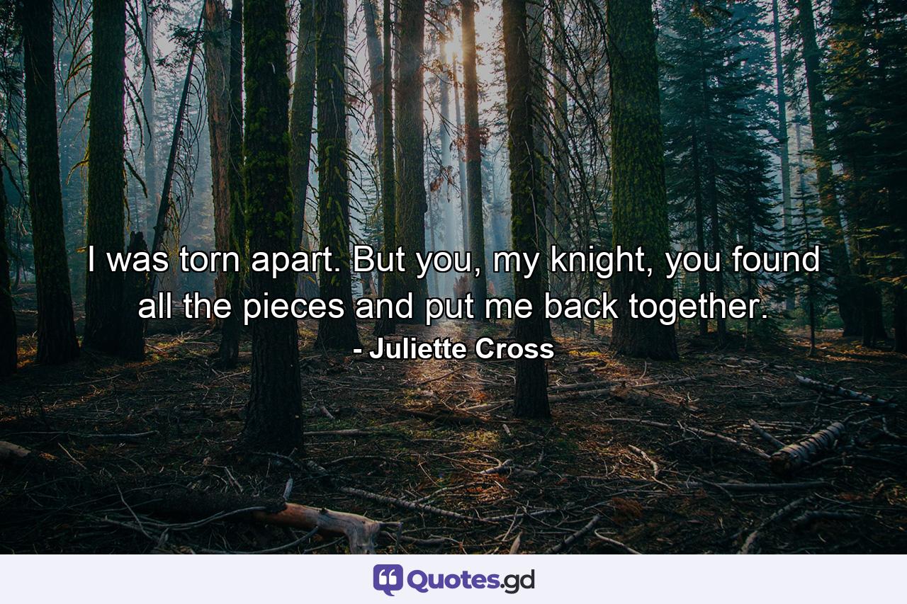 I was torn apart. But you, my knight, you found all the pieces and put me back together. - Quote by Juliette Cross