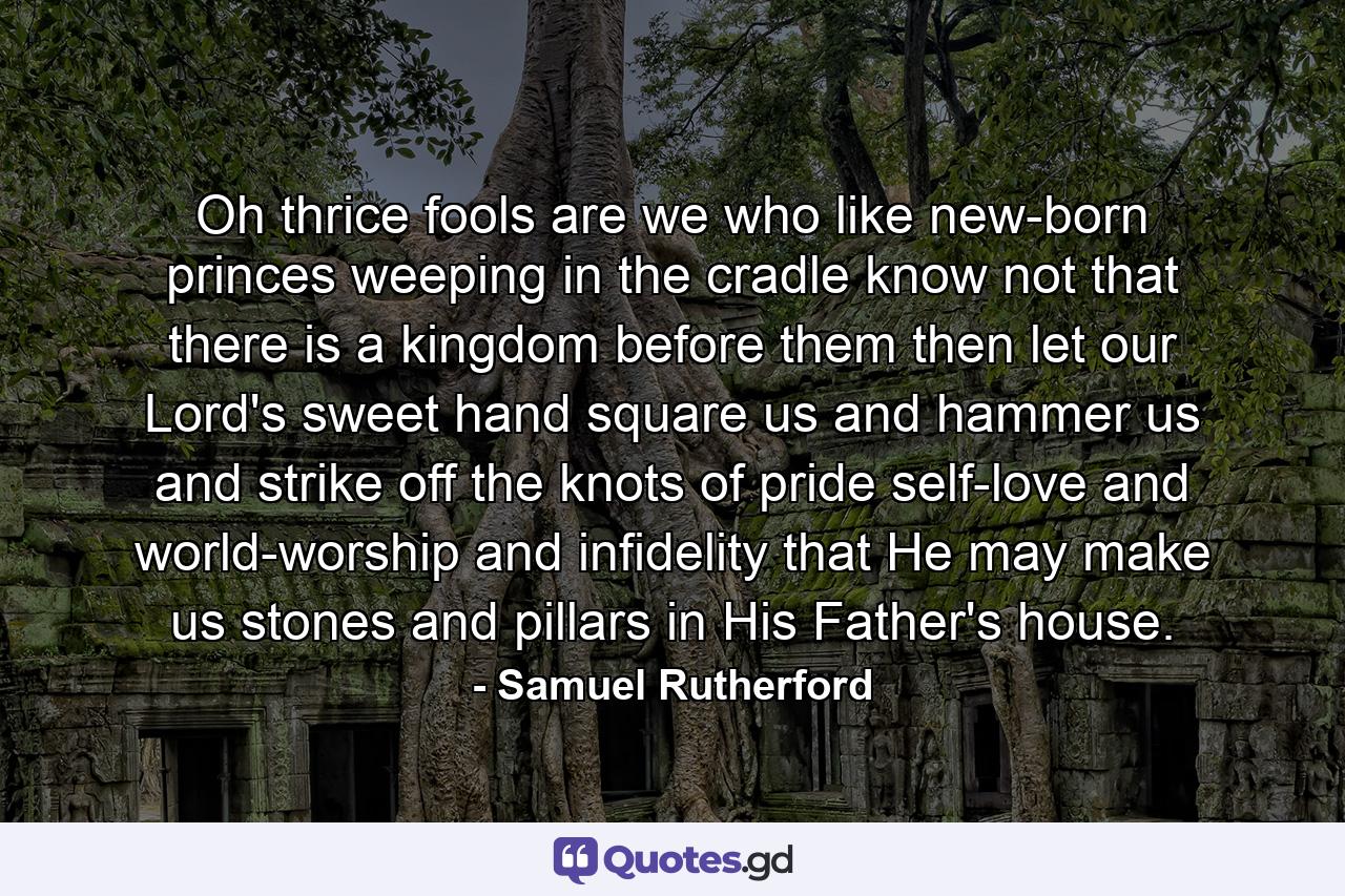 Oh thrice fools are we who like new-born princes weeping in the cradle know not that there is a kingdom before them then let our Lord's sweet hand square us and hammer us and strike off the knots of pride self-love and world-worship and infidelity that He may make us stones and pillars in His Father's house. - Quote by Samuel Rutherford