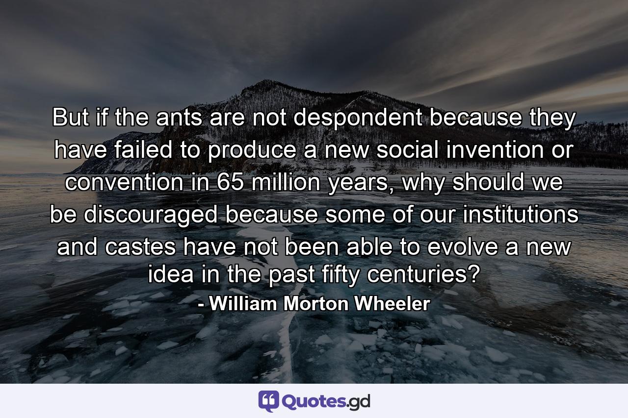 But if the ants are not despondent because they have failed to produce a new social invention or convention in 65 million years, why should we be discouraged because some of our institutions and castes have not been able to evolve a new idea in the past fifty centuries? - Quote by William Morton Wheeler